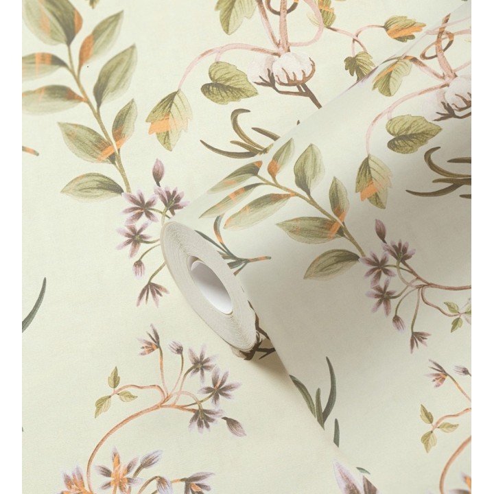 Papel pintado botánico de hojas verde y flores violeta - Elysian Opulent 684623