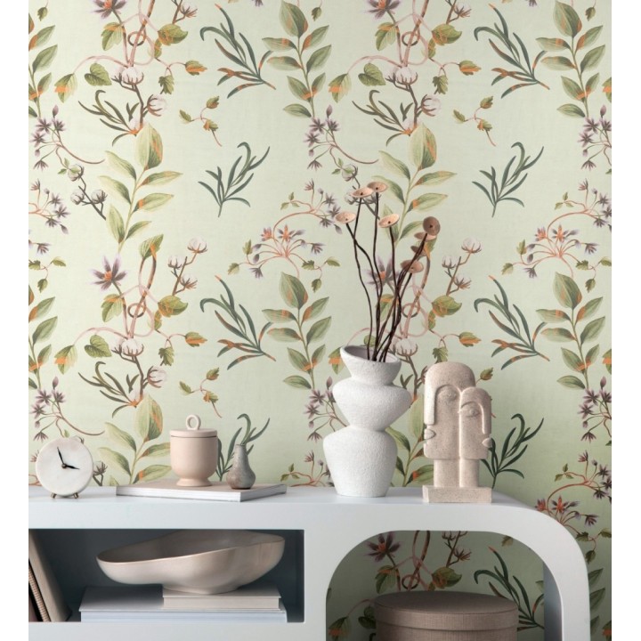 Papel pintado botánico de hojas verde y flores violeta - Elysian Opulent 684623