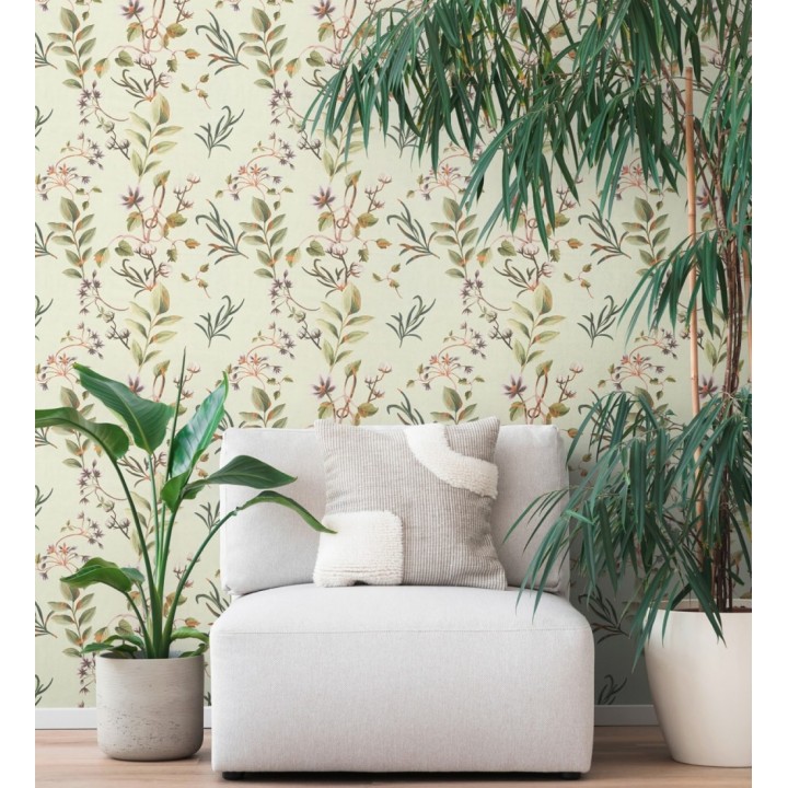 Papel pintado botánico de hojas verde y flores violeta - Elysian Opulent 684623