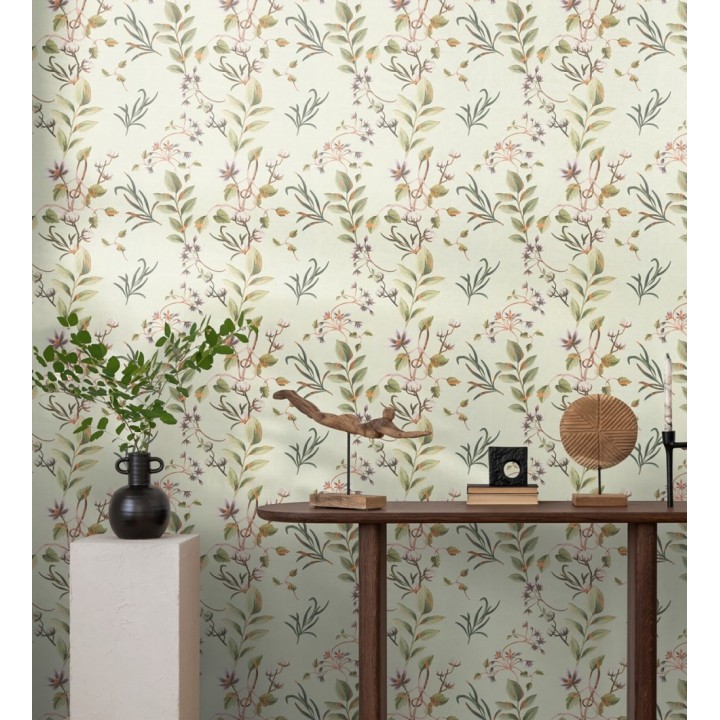 Papel pintado botánico de hojas verde y flores violeta - Elysian Opulent 684623