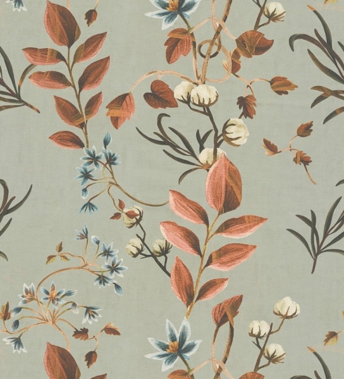 Papel pintado botánico de hojas terracota y flores azules - Elysian Opulent 684624