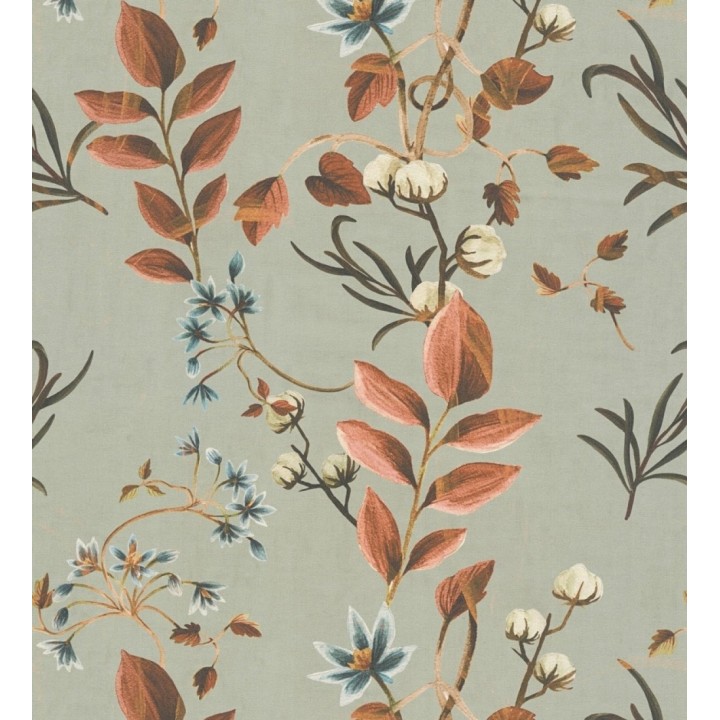 Papel pintado botánico de hojas terracota y flores azules - Elysian Opulent 684624