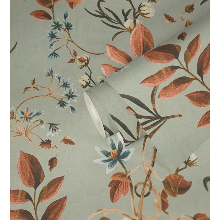 Papel pintado botánico de hojas terracota y flores azules - Elysian Opulent 684624