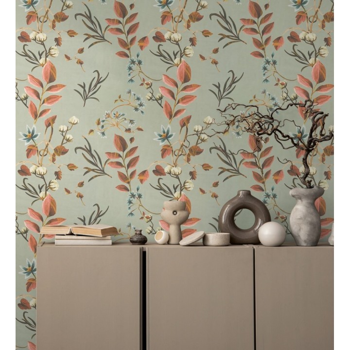 Papel pintado botánico de hojas terracota y flores azules - Elysian Opulent 684624