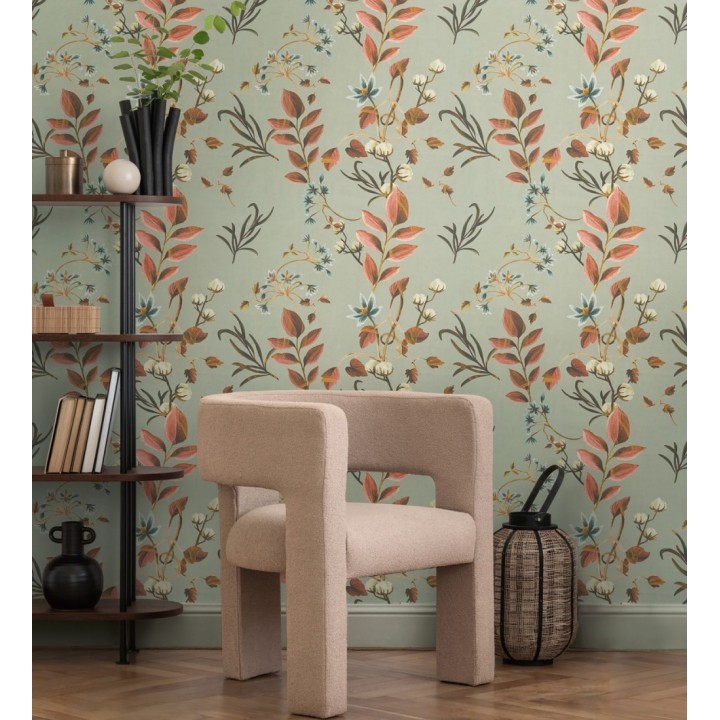 Papel pintado botánico de hojas terracota y flores azules - Elysian Opulent 684624