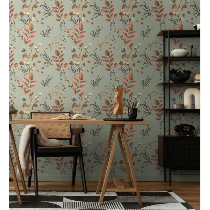 Papel pintado botánico de hojas terracota y flores azules - Elysian Opulent 684624