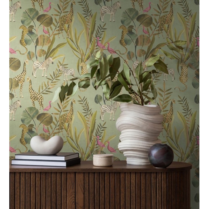 Papel pintado safari vintage animales selva verde - Okavango Faunal 684634