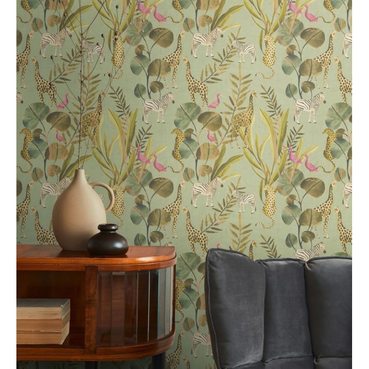 Papel pintado safari vintage animales selva verde - Okavango Faunal 684634