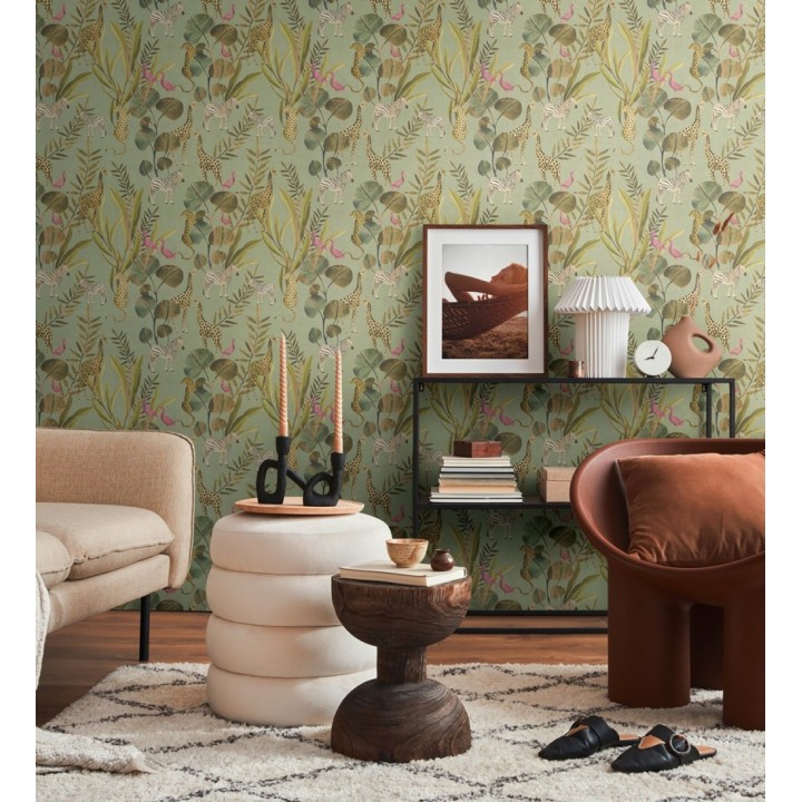 Papel pintado safari vintage animales selva verde - Okavango Faunal 684634