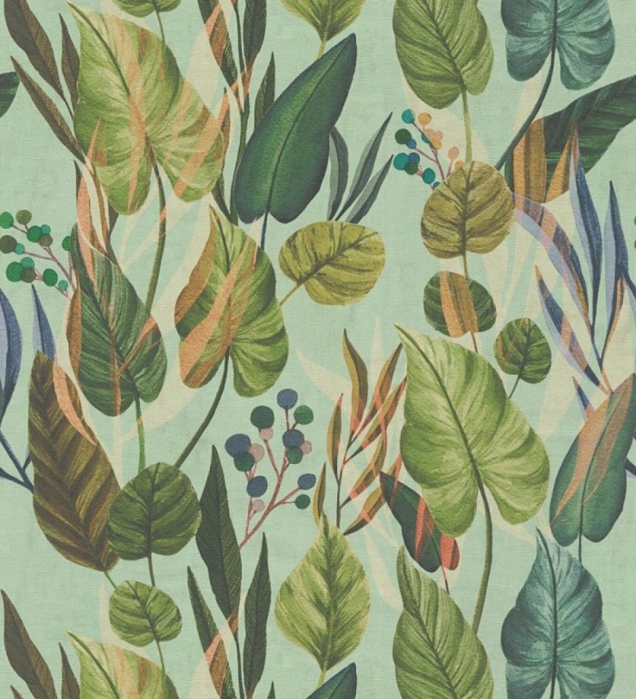 Papel pintado follaje tropical vintage fondo verde menta - Minted Canopy 684636