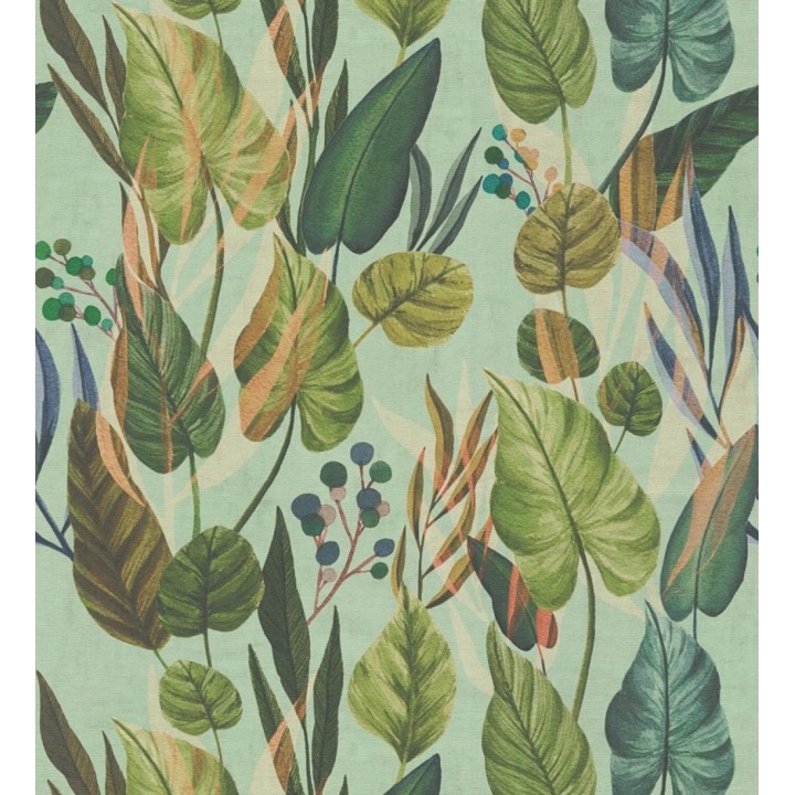 Papel pintado follaje tropical vintage fondo verde menta - Minted Canopy 684636