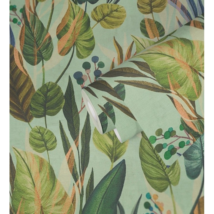 Papel pintado follaje tropical vintage fondo verde menta - Minted Canopy 684636
