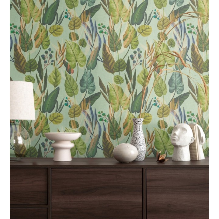 Papel pintado follaje tropical vintage fondo verde menta - Minted Canopy 684636