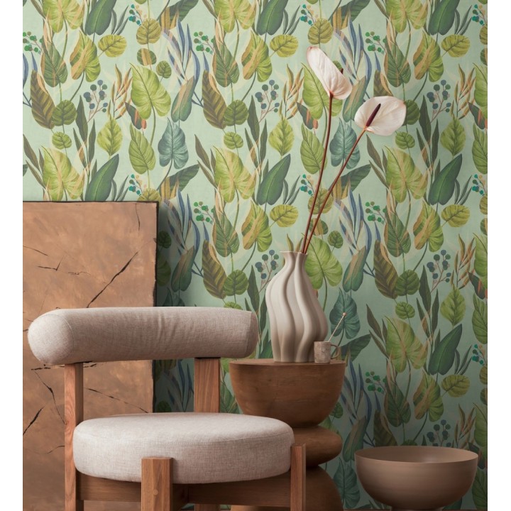 Papel pintado follaje tropical vintage fondo verde menta - Minted Canopy 684636