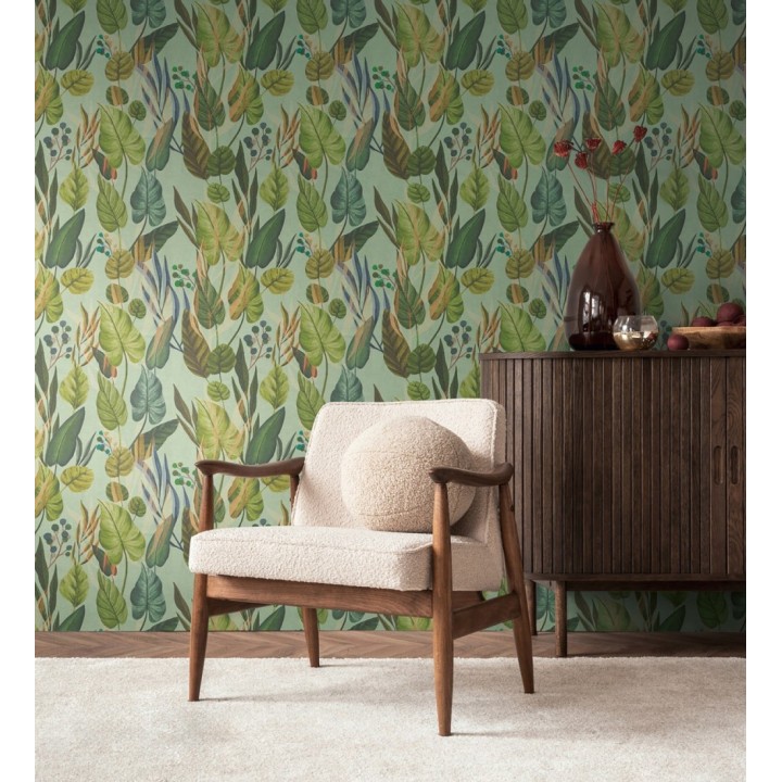 Papel pintado follaje tropical vintage fondo verde menta - Minted Canopy 684636