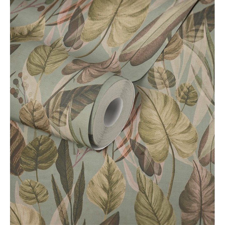 Papel pintado follaje tropical vintage fondo gris verdoso - Minted Canopy 684638