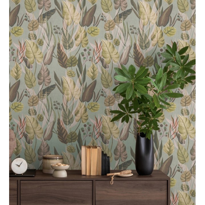Papel pintado follaje tropical vintage fondo gris verdoso - Minted Canopy 684638