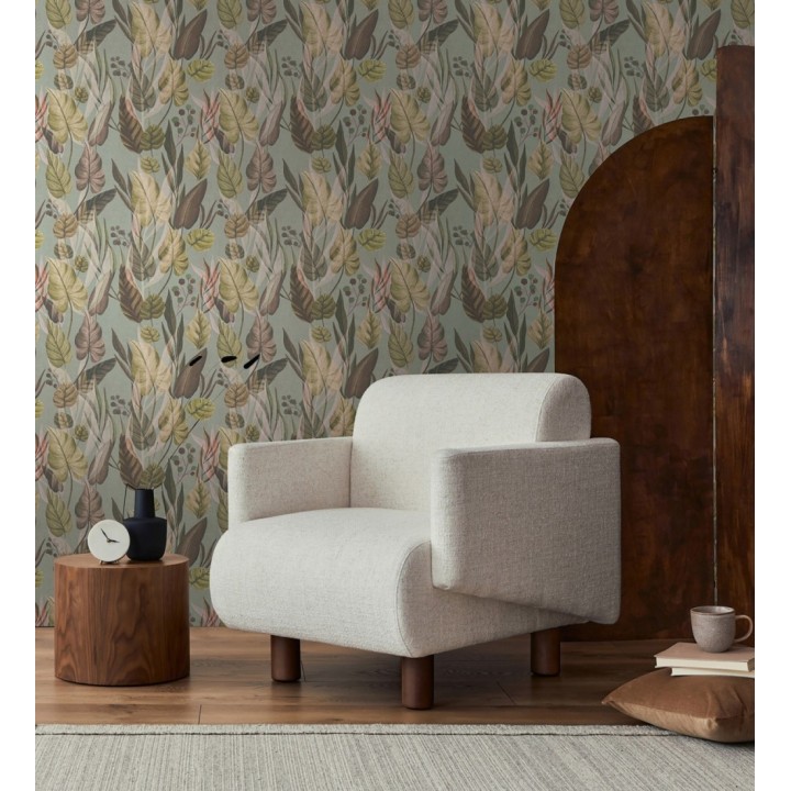 Papel pintado follaje tropical vintage fondo gris verdoso - Minted Canopy 684638