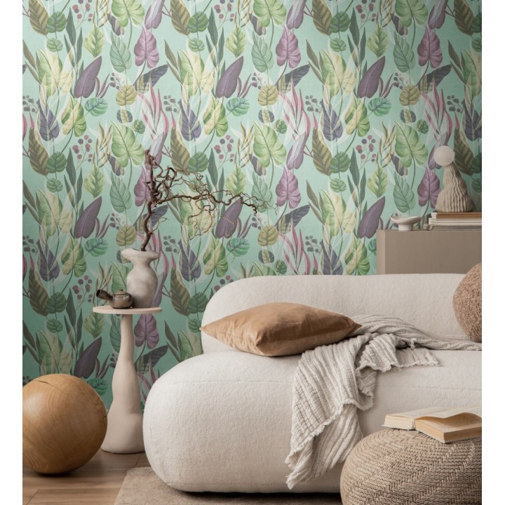 Papel pintado follaje tropical vintage fondo azul aguamarina - Minted Canopy 684639