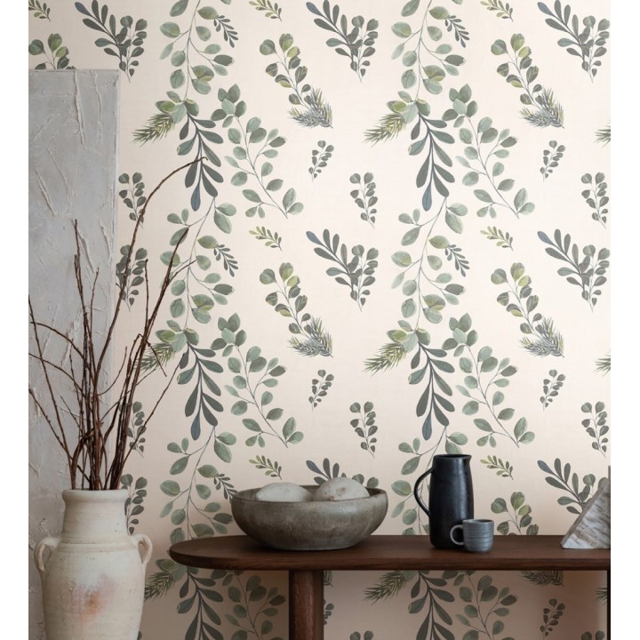 Papel pintado ramas eucalipto en acuarela fondo crema - Sylvan Blended 684643