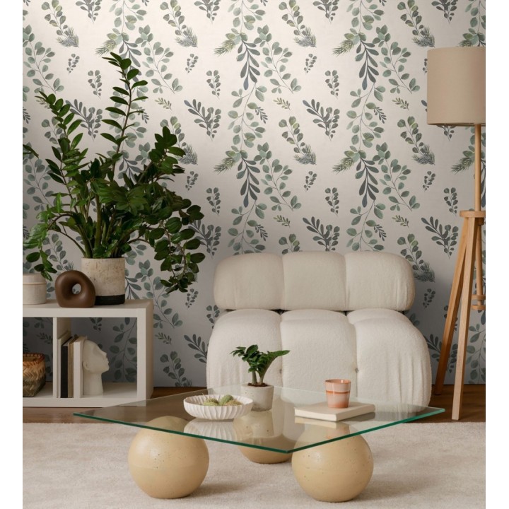 Papel pintado ramas eucalipto en acuarela fondo crema - Sylvan Blended 684643