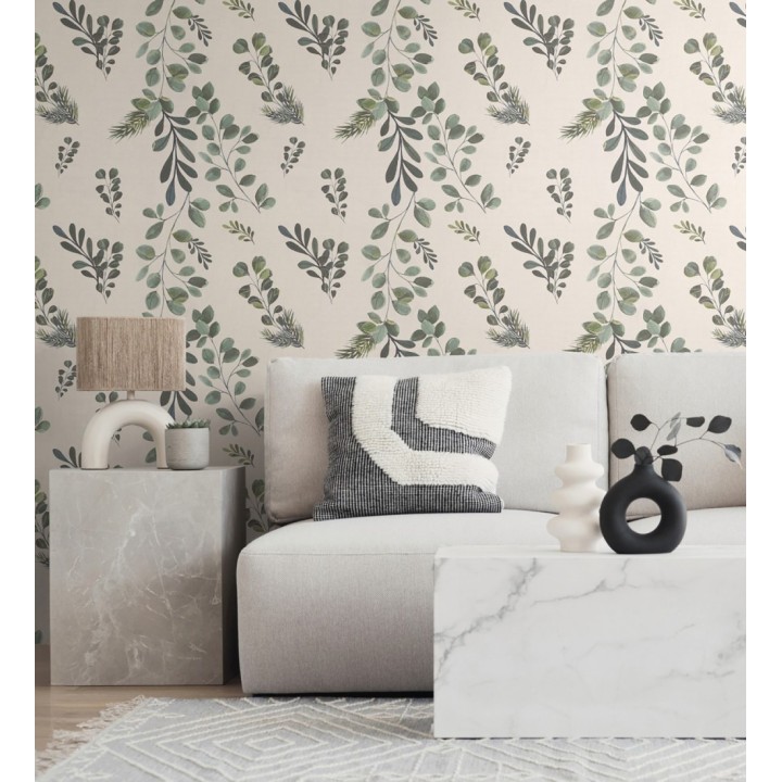 Papel pintado ramas eucalipto en acuarela fondo crema - Sylvan Blended 684643