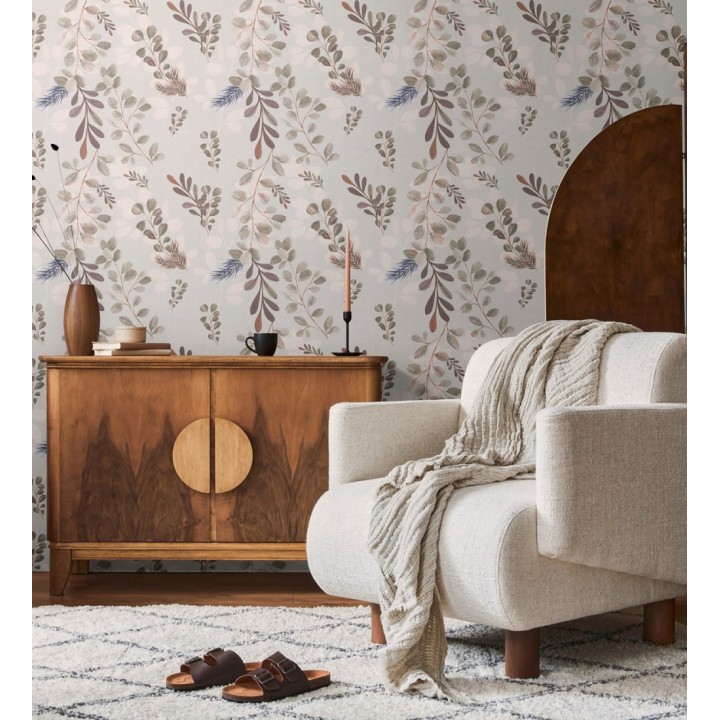 Papel pintado ramas eucalipto en acuarela fondo gris - Sylvan Blended 684644