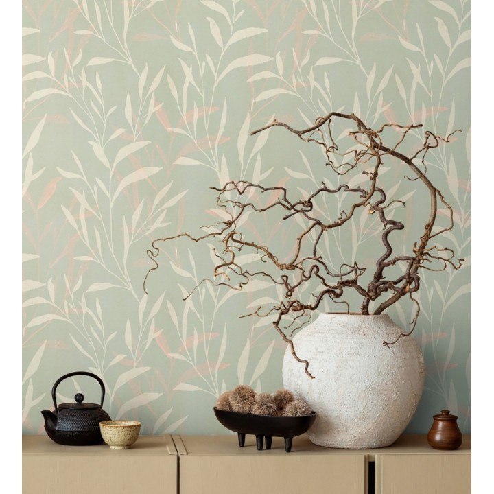 Papel pintado ramas etéreas verde salvia y rosa - Willow Silhouetted 684645
