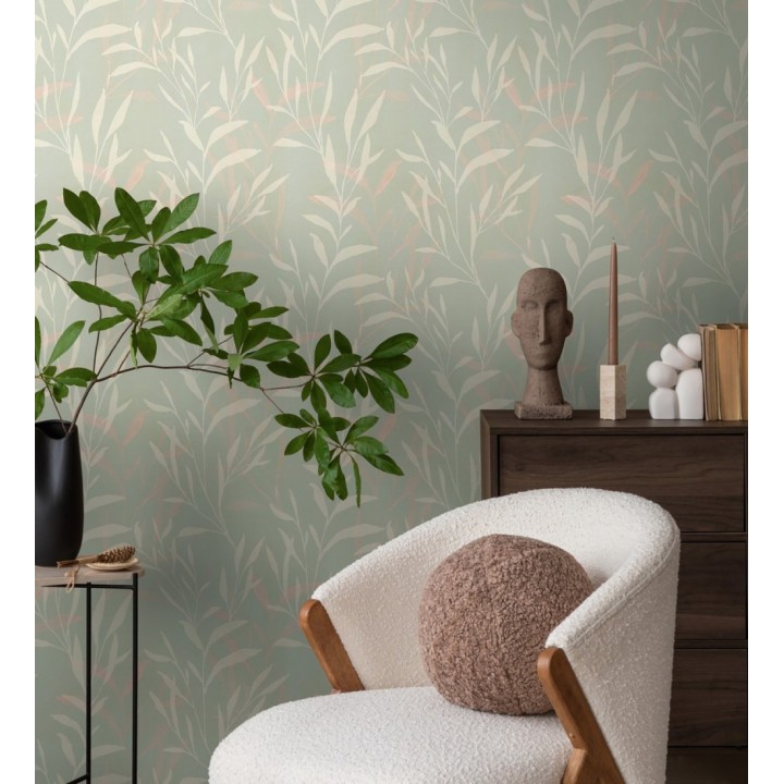 Papel pintado ramas etéreas verde salvia y rosa - Willow Silhouetted 684645