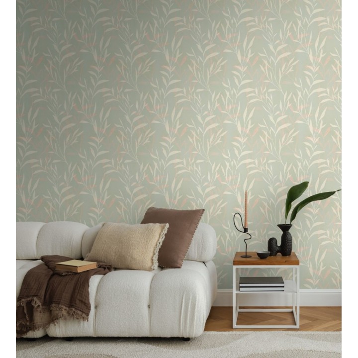 Papel pintado ramas etéreas verde salvia y rosa - Willow Silhouetted 684645