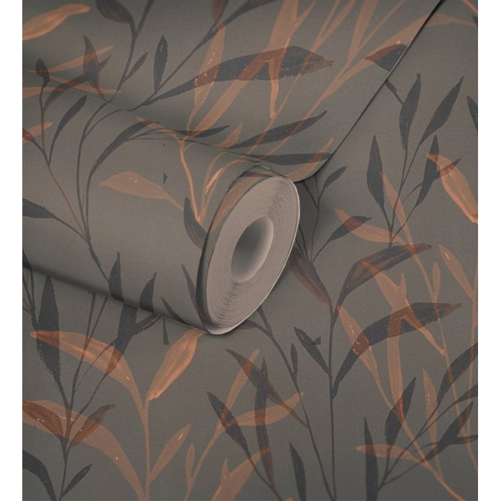 Papel pintado ramas cobre fondo color ébano - Willow Silhouetted 684646