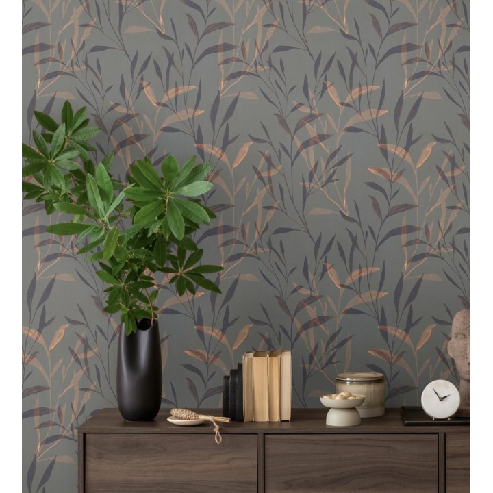 Papel pintado ramas cobre fondo color ébano - Willow Silhouetted 684646