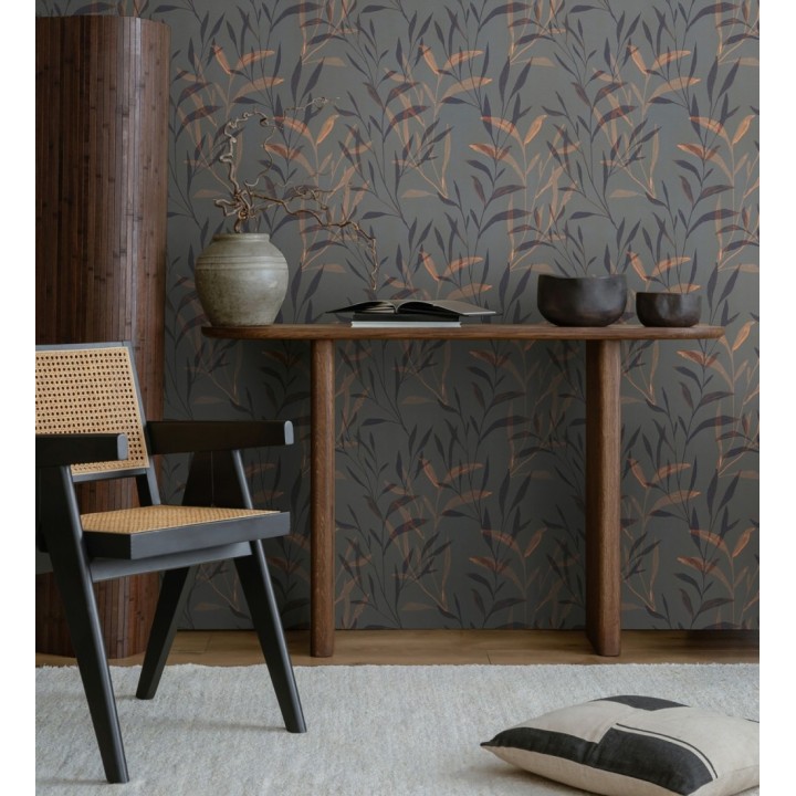 Papel pintado ramas cobre fondo color ébano - Willow Silhouetted 684646