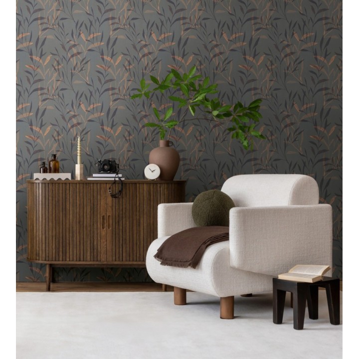 Papel pintado ramas cobre fondo color ébano - Willow Silhouetted 684646