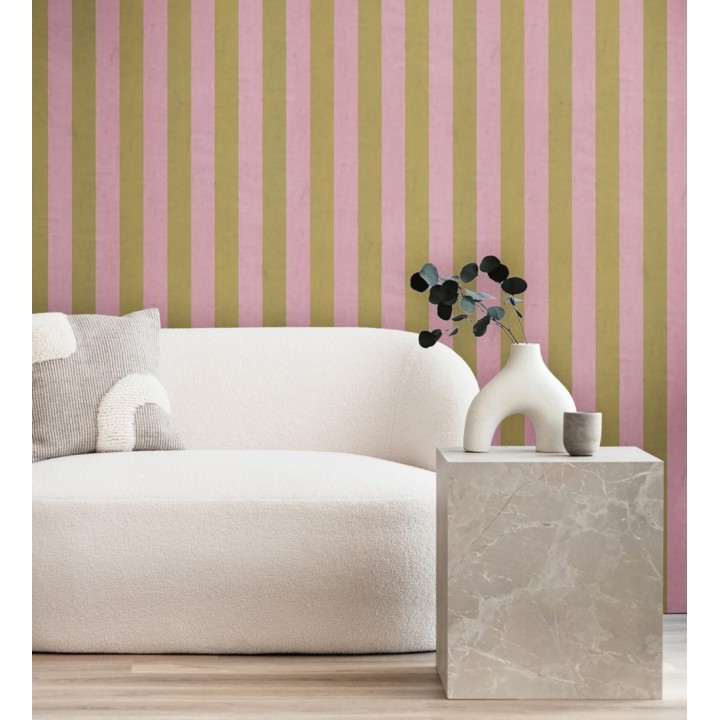 Papel pintado de rayas textiles oro y rosa desgastadas - Kalinoa Stripe 684657