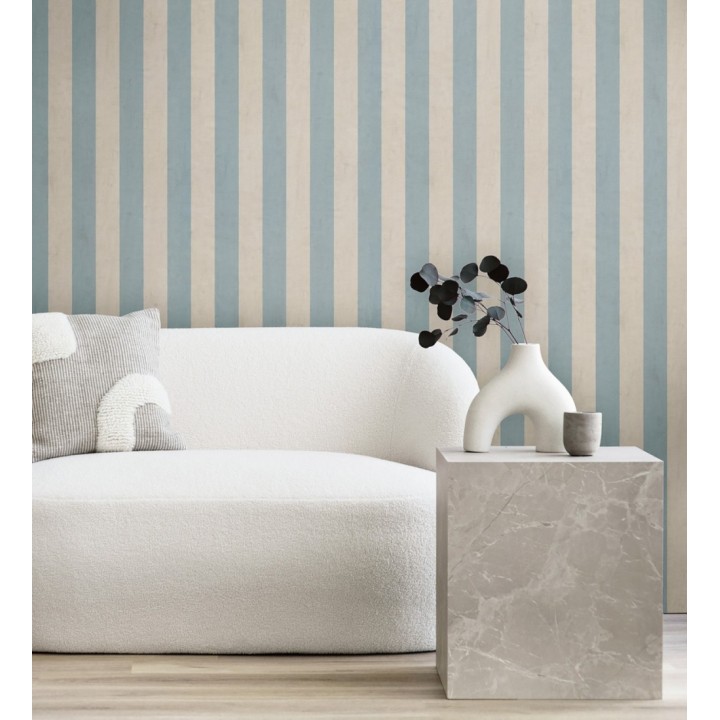 Papel pintado de rayas textiles azul cielo desgastadas - Kalinoa Stripe 684659