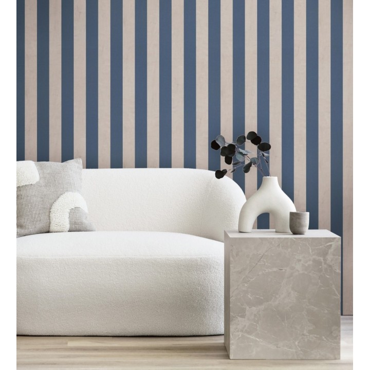 Papel pintado de rayas textiles azul desgastadas - Kalinoa Stripe 684661