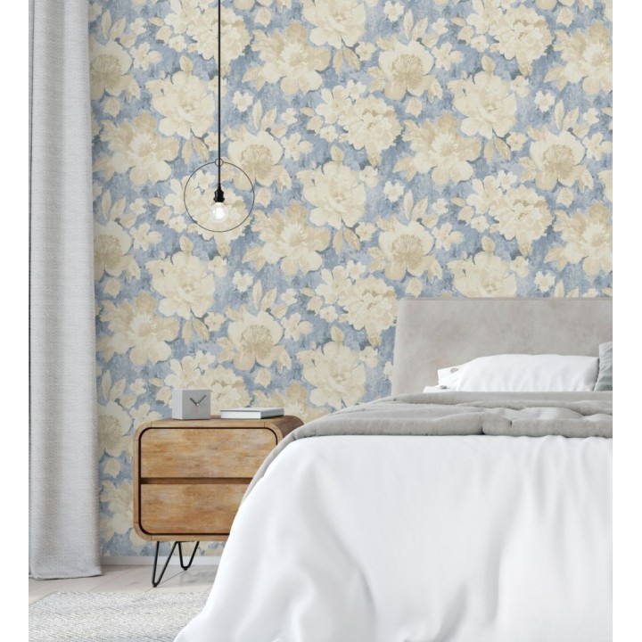 Papel pintado vintage romántico peonías color pastel fondo azul - Sofia Murmur 684666