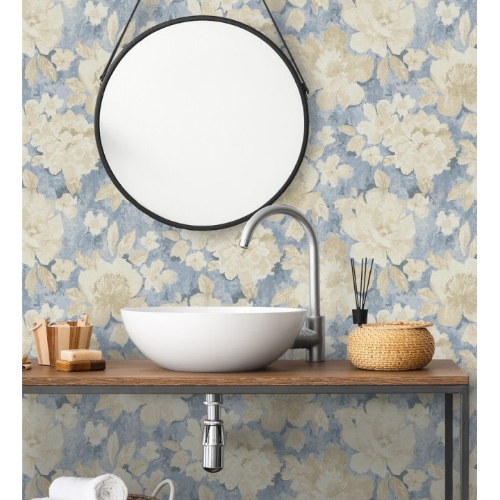 Papel pintado vintage romántico peonías color pastel fondo azul - Sofia Murmur 684666