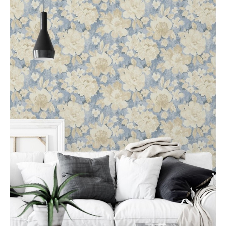 Papel pintado vintage romántico peonías color pastel fondo azul - Sofia Murmur 684666