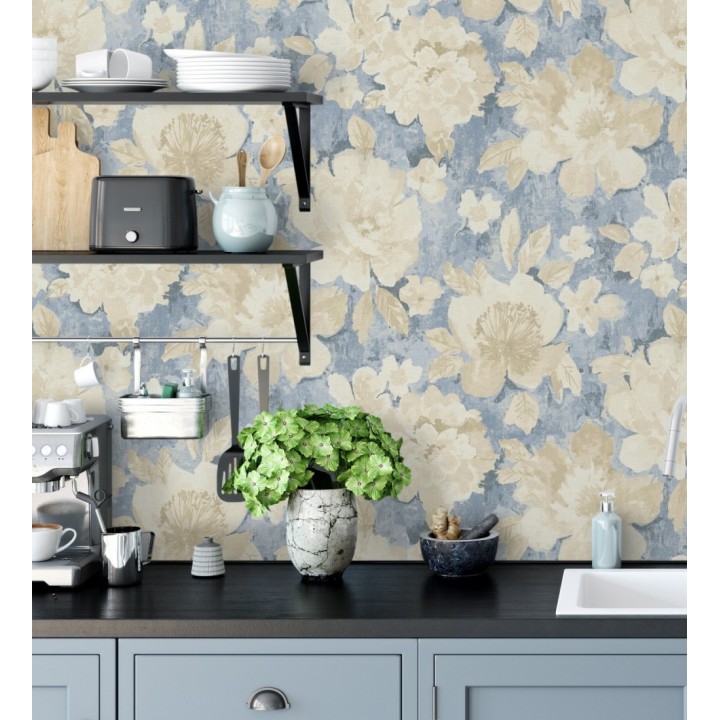 Papel pintado vintage romántico peonías color pastel fondo azul - Sofia Murmur 684666