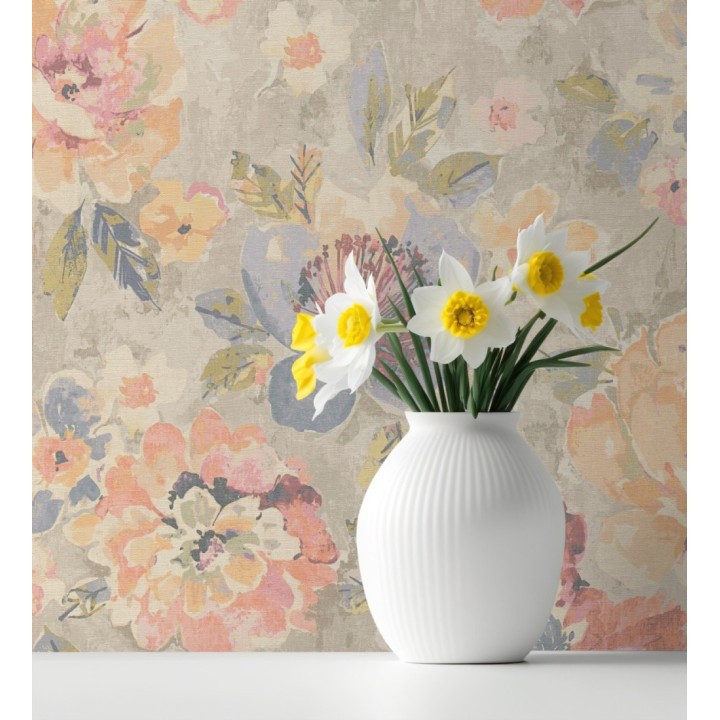 Papel pintado vintage romántico peonías color pastel fondo beige - Sofia Murmur 684667