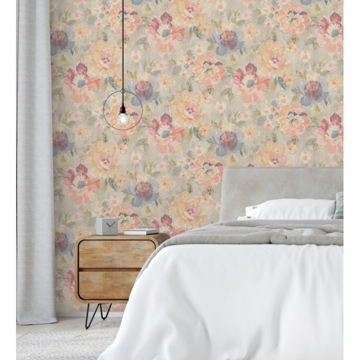 Papel pintado vintage romántico peonías color pastel fondo beige - Sofia Murmur 684667