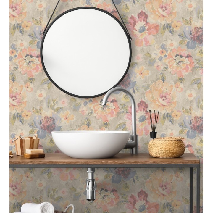 Papel pintado vintage romántico peonías color pastel fondo beige - Sofia Murmur 684667
