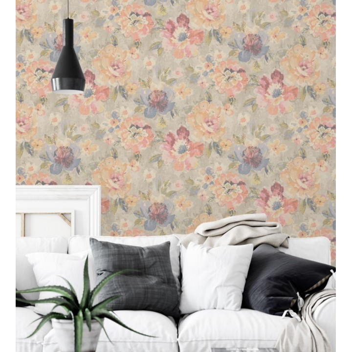 Papel pintado vintage romántico peonías color pastel fondo beige - Sofia Murmur 684667