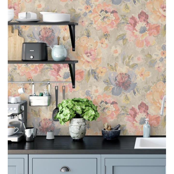 Papel pintado vintage romántico peonías color pastel fondo beige - Sofia Murmur 684667