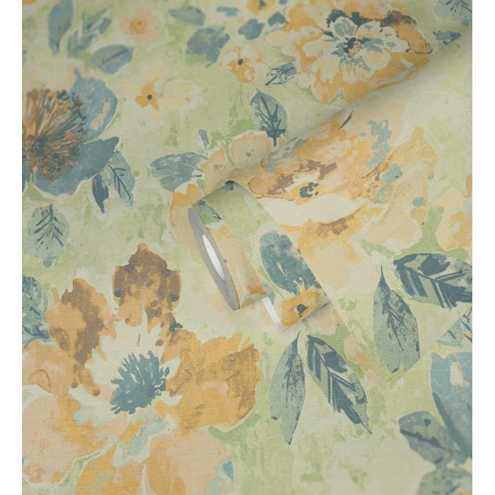 Papel pintado vintage romántico peonías color pastel fondo verde - Sofia Murmur 684668