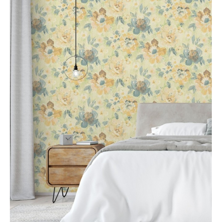 Papel pintado vintage romántico peonías color pastel fondo verde - Sofia Murmur 684668