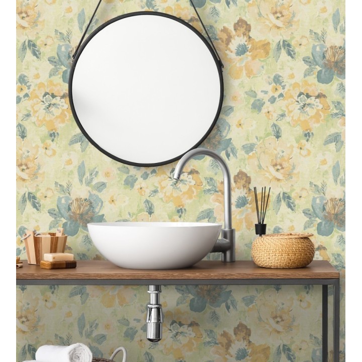 Papel pintado vintage romántico peonías color pastel fondo verde - Sofia Murmur 684668