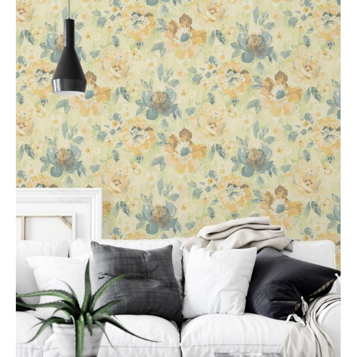 Papel pintado vintage romántico peonías color pastel fondo verde - Sofia Murmur 684668